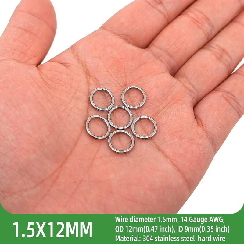 THREENEST 100PCS 12mm 1.5mm Thickness 14 Gauge Stainless Steel Jump Rings, Unwelded Metal Round Strong Thick Craft Ring for Necklace Bracelet Keychain Chainmail Jewelry Making - Image 2